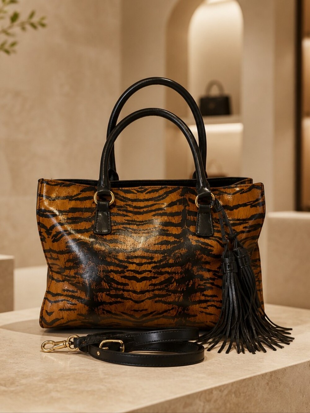 Patricia Nash Tiger-Print Tote in Brown and Black with Tassel